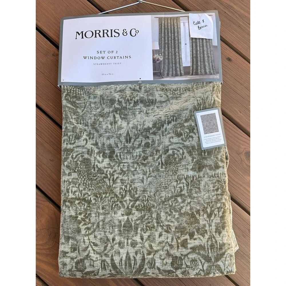William Morris Window Curtains Panels 38X96 Strawberry Thief Green Embossed New